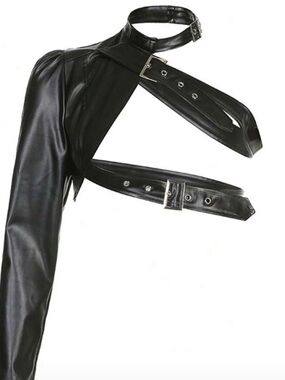Edgy Black Faux Leather One-Sleeve Harness Top